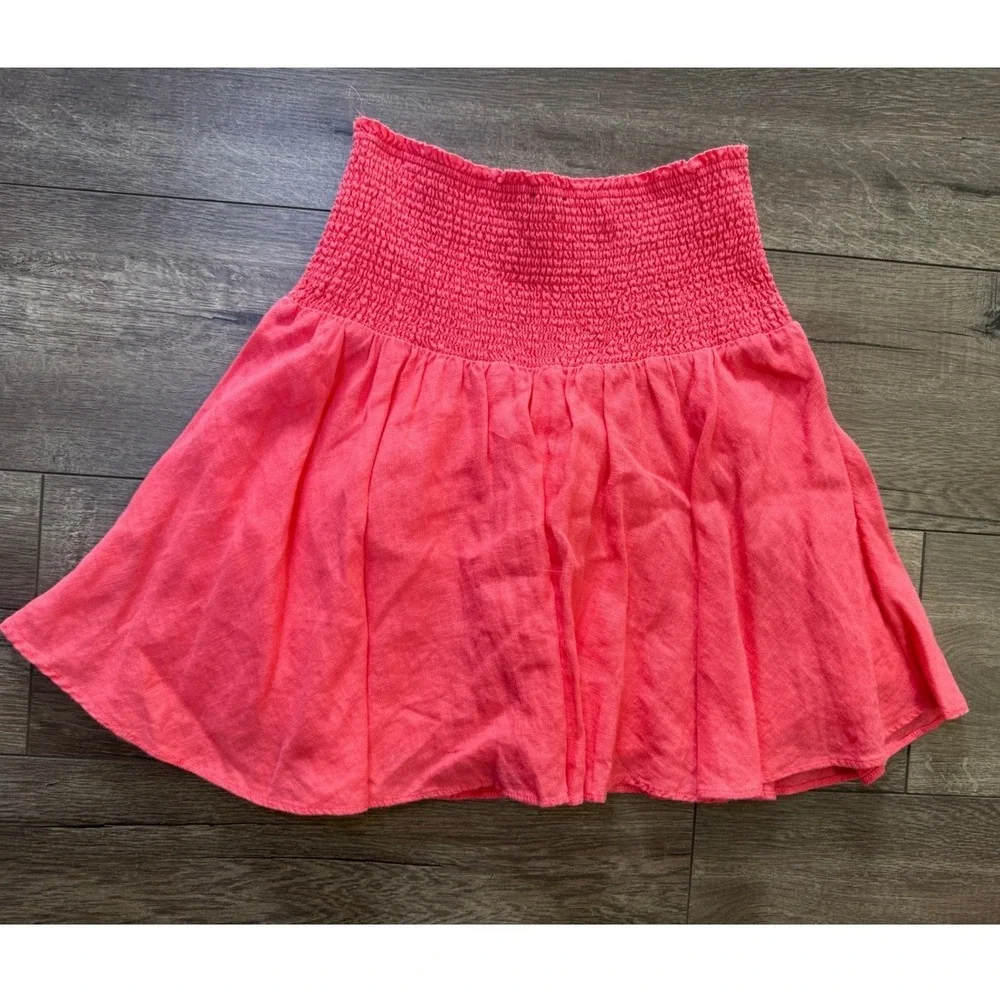 J Crew‎ Smocked Waist 100% Linen Mini Skirt Coral Pink XS Summer Beach Vacation